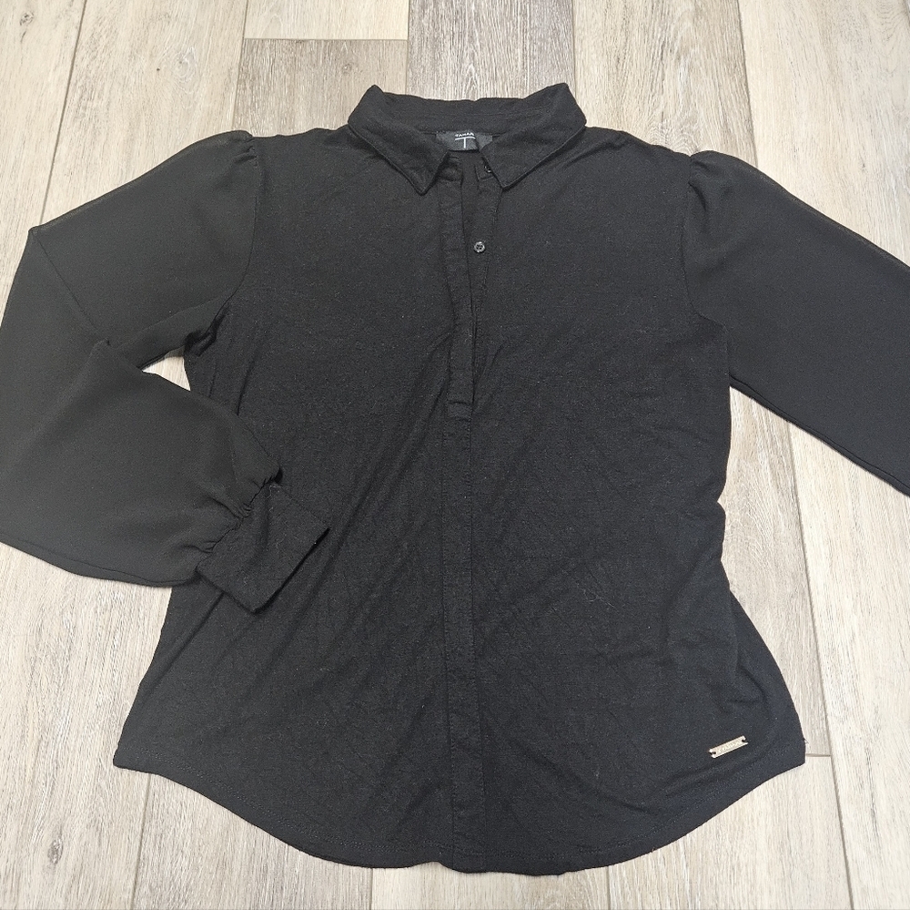 Tahari Fitted Button Up Sheer Long Sleeve Blouse Black Women's Small Academia